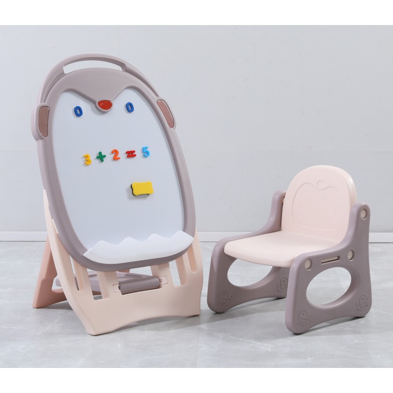 Pizarra Infantil Caballete con 1 Silla Plástico, Altura Ajustable,  Rotulador y Borrador, Pizarra Magnética Número y Letra Rosa